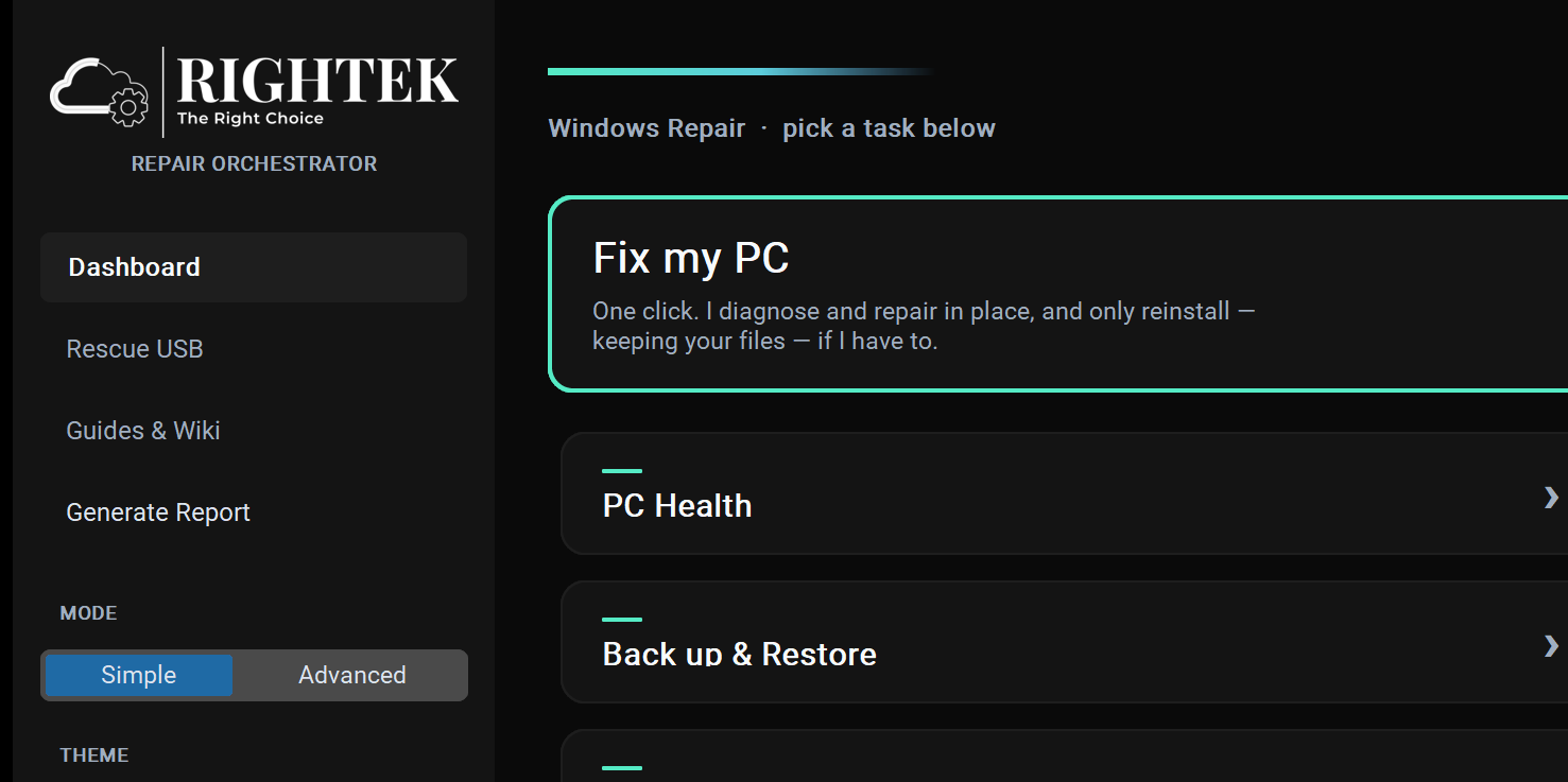 Rightek Rescue Command Center: one-click Fix my PC, PC Health, and Back up & Restore